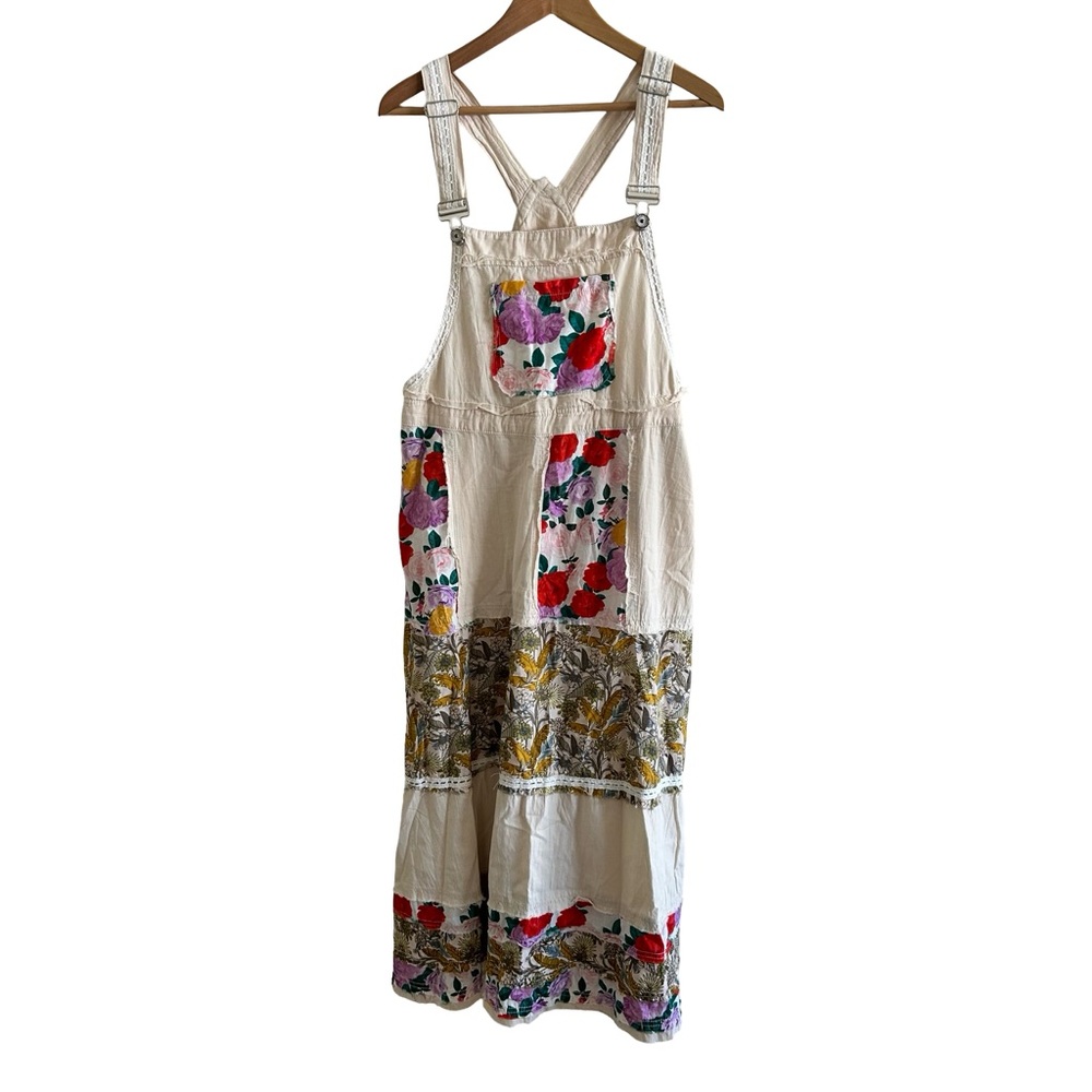 POL Mixed Print Patchwork Overall Dress in Oatmilk - Picture 6 of 11